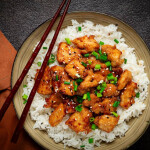 fried chicken teriyaki with rice, green onion and sesame, homemade, no people,